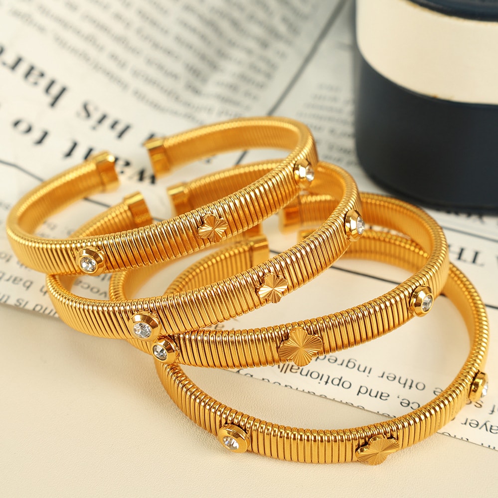 1 Piece Simple Series Mini Clover Stainless Steel 18K Gold Color Plated Rhinestone Women's Bangles h5 Picture4